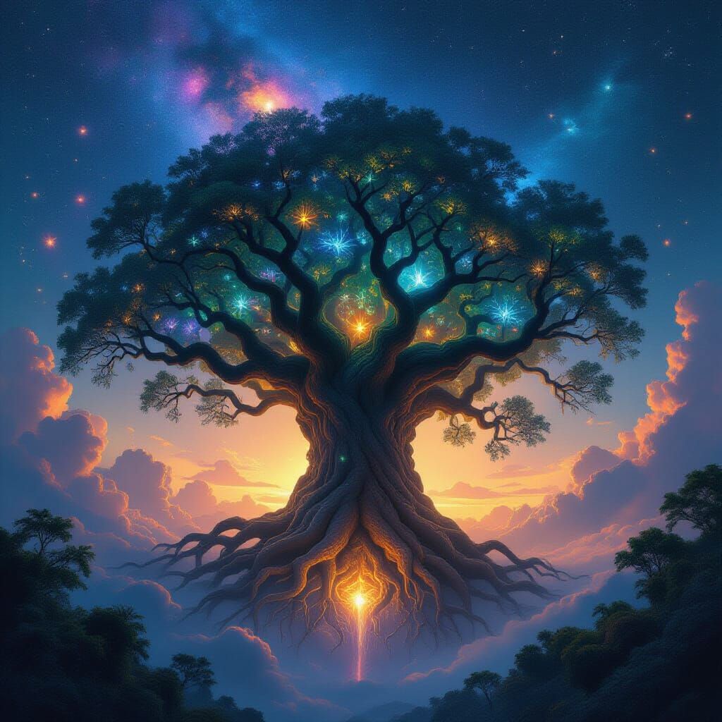 Ancient Cosmic Tree Reaching Nebula Sky