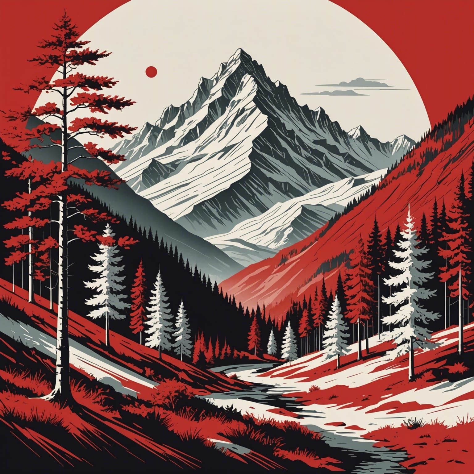 Minimalist Red and White Mountain Forest Landscape