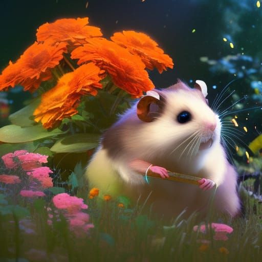 Hamster in Floral Splendor: Hyperdetailed Concept Art