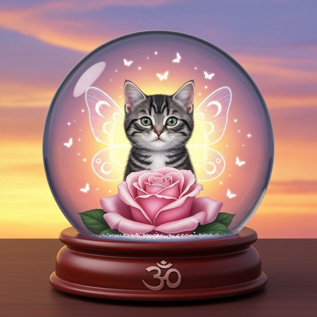 Enchanting Snow Globe With Winged Kitten and Rose