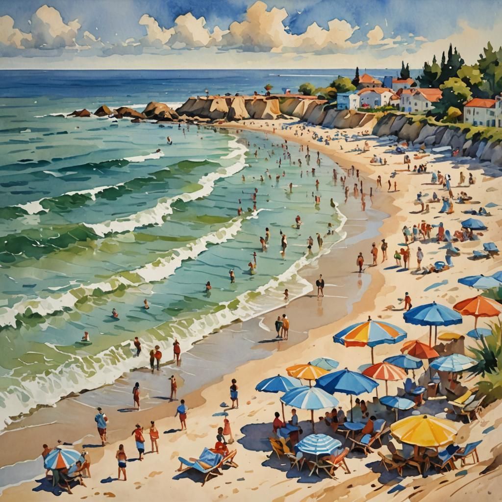 Modern Beach Scene in Gouache Style
