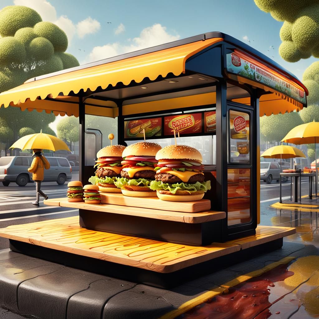 A photo of a smart bus shelter advertising delicious burgers...