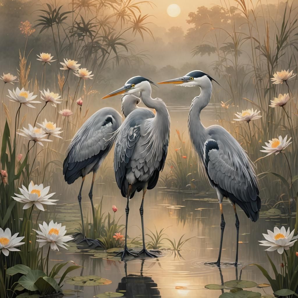 Herons in Pond: Japanese Painting in Kono Bayrei Style