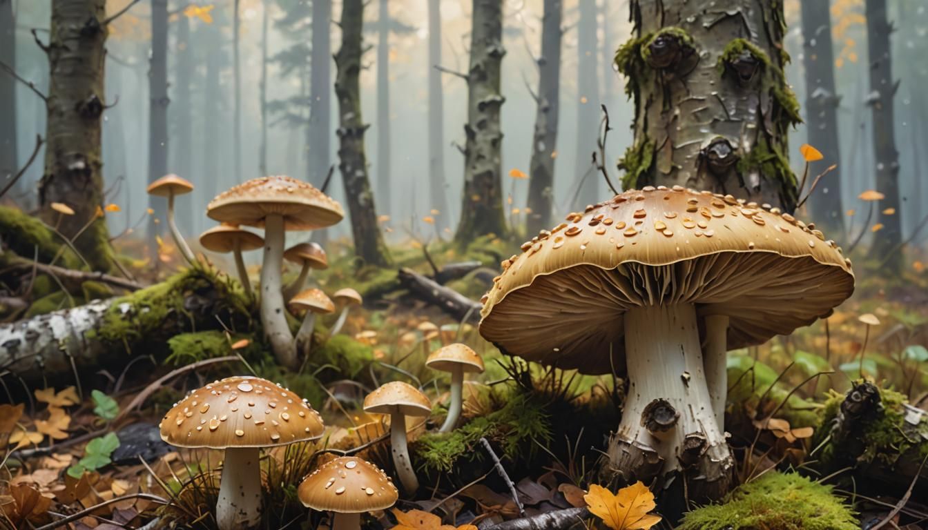 Impressionist Mushroom Close-up in Autumn Forest
