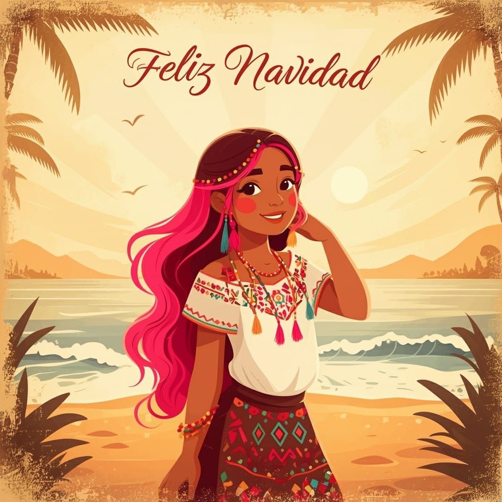 Latina Girl in Vintage Christmas Postcard Style