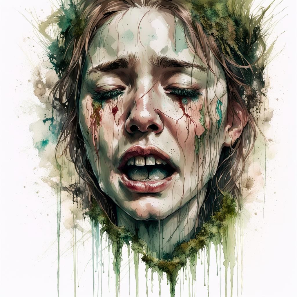 Crying Woman Portrait with Moss, Ink Splatter Art