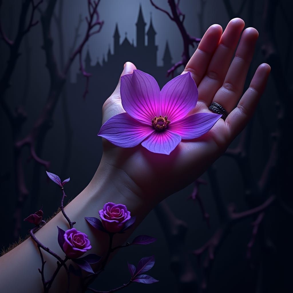 Mystical Hand Holding Neon Flower Near Disney Castle