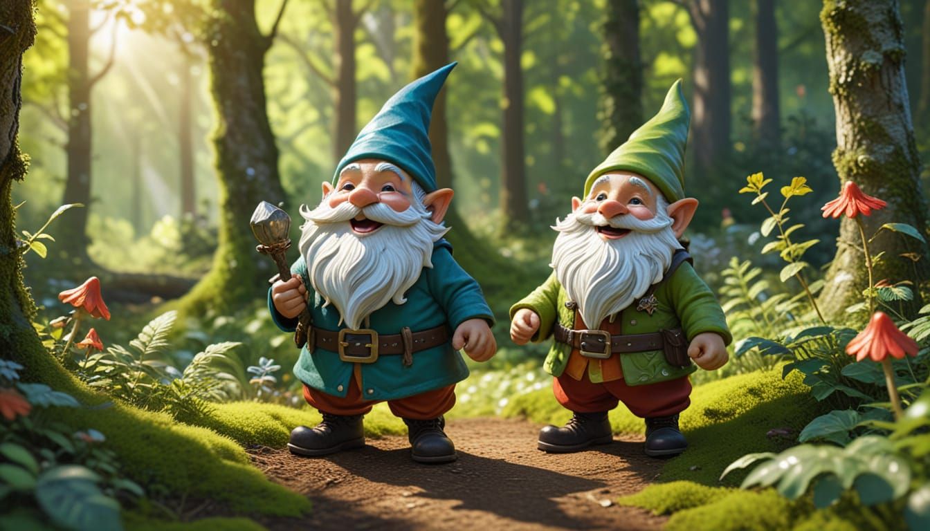 Whimsical Gnome Laughing in Sun-Dappled Forest