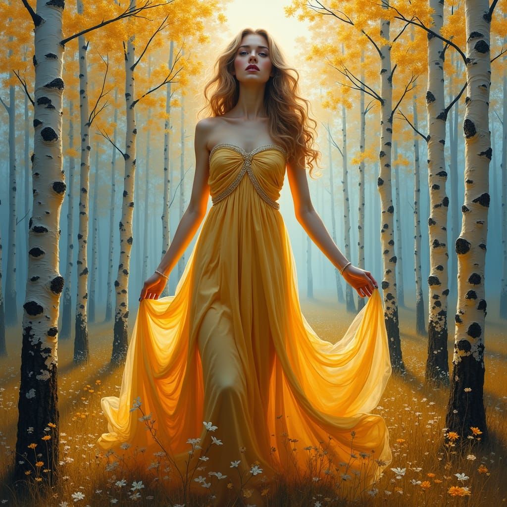 A mesmerizing oil painting by artist Lilia, capturing a fantastical female figure with cascading hair, seamlessly integr...