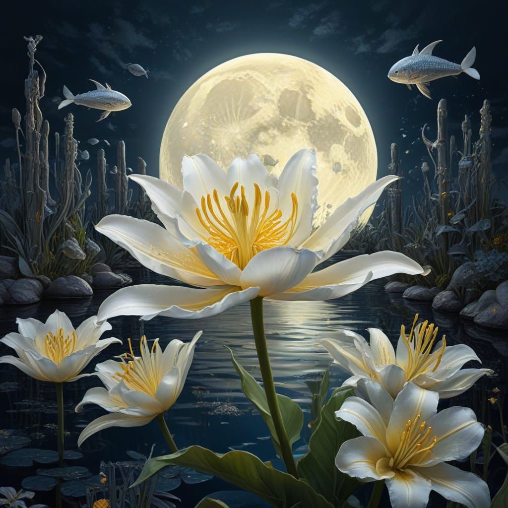 Golden Silver Lily Under Moonlight in Enchanted Garden