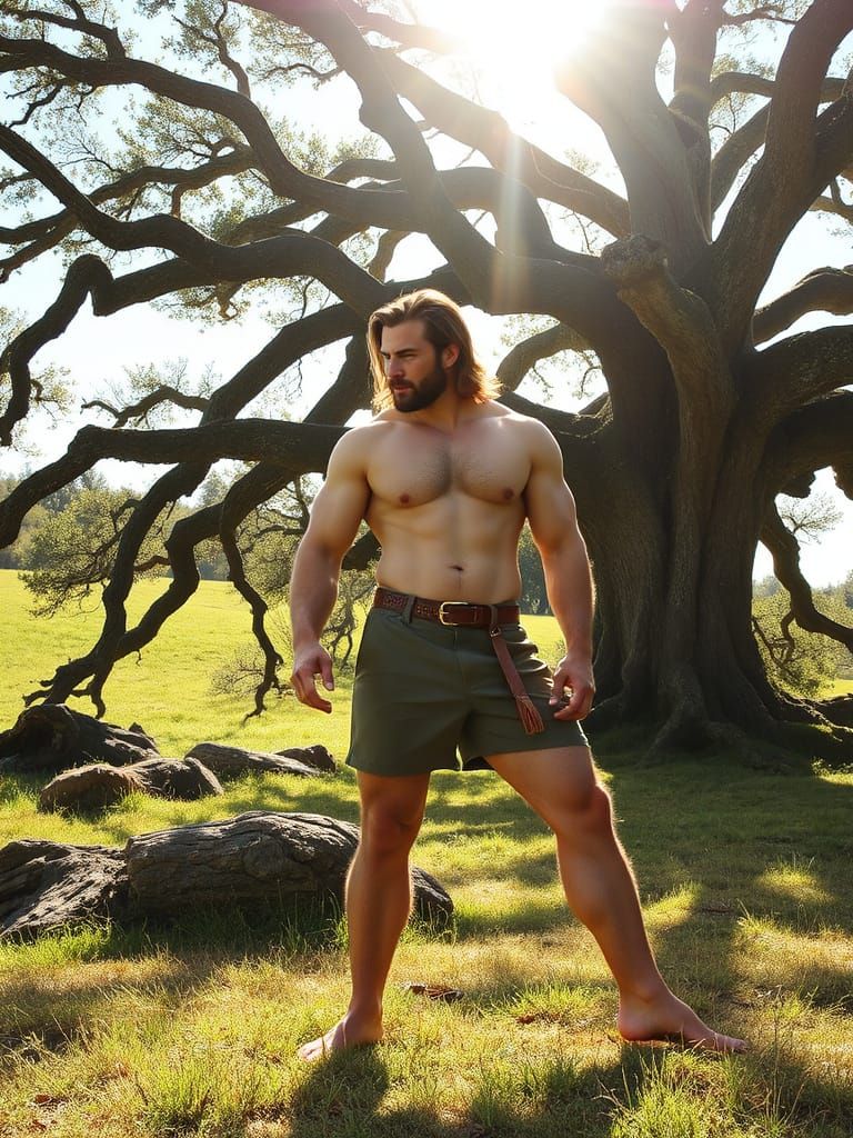 Hyperrealistic Male Figure in Sun-Drenched Meadow