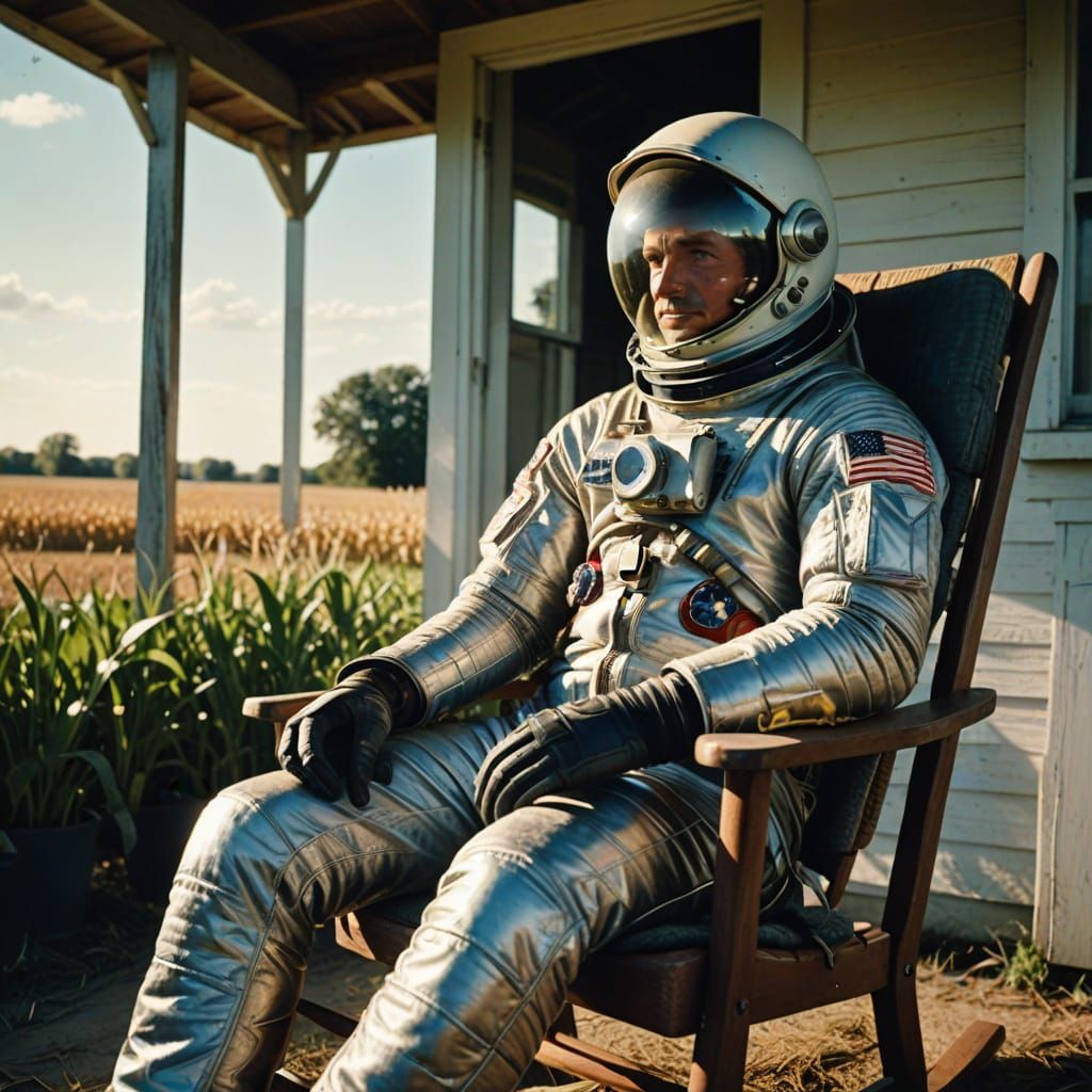 Astronaut in Rocking Chair on Farmhouse Porch