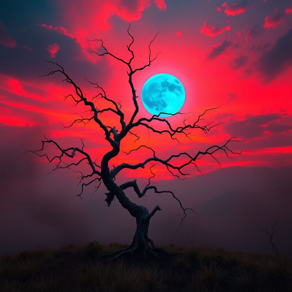 Mystical Tree Under Blue Moon, Surreal Landscape