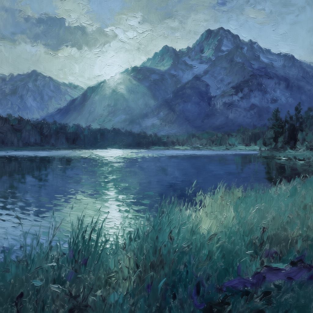 Abstract Landscape in Cool Blues, Greens, and Purples