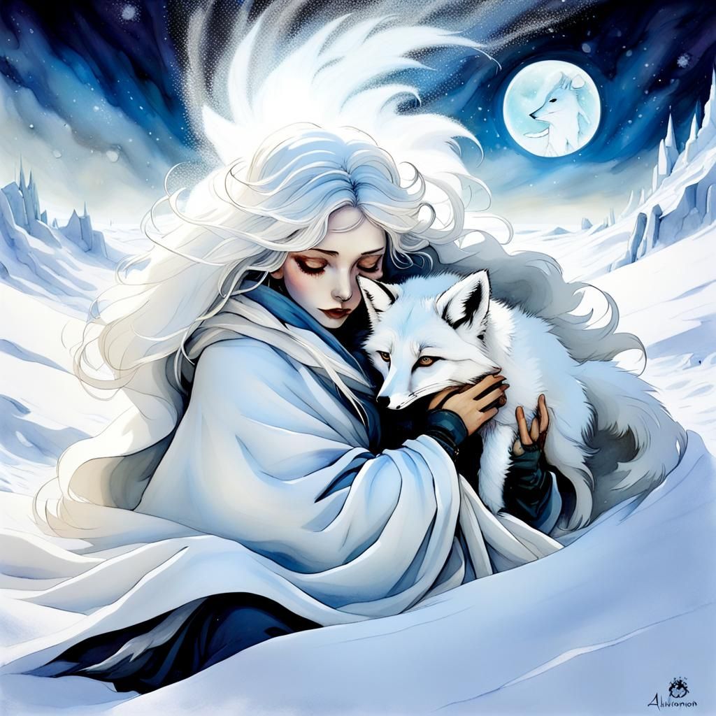 Baby and Fox Snuggling in Winter Blizzard