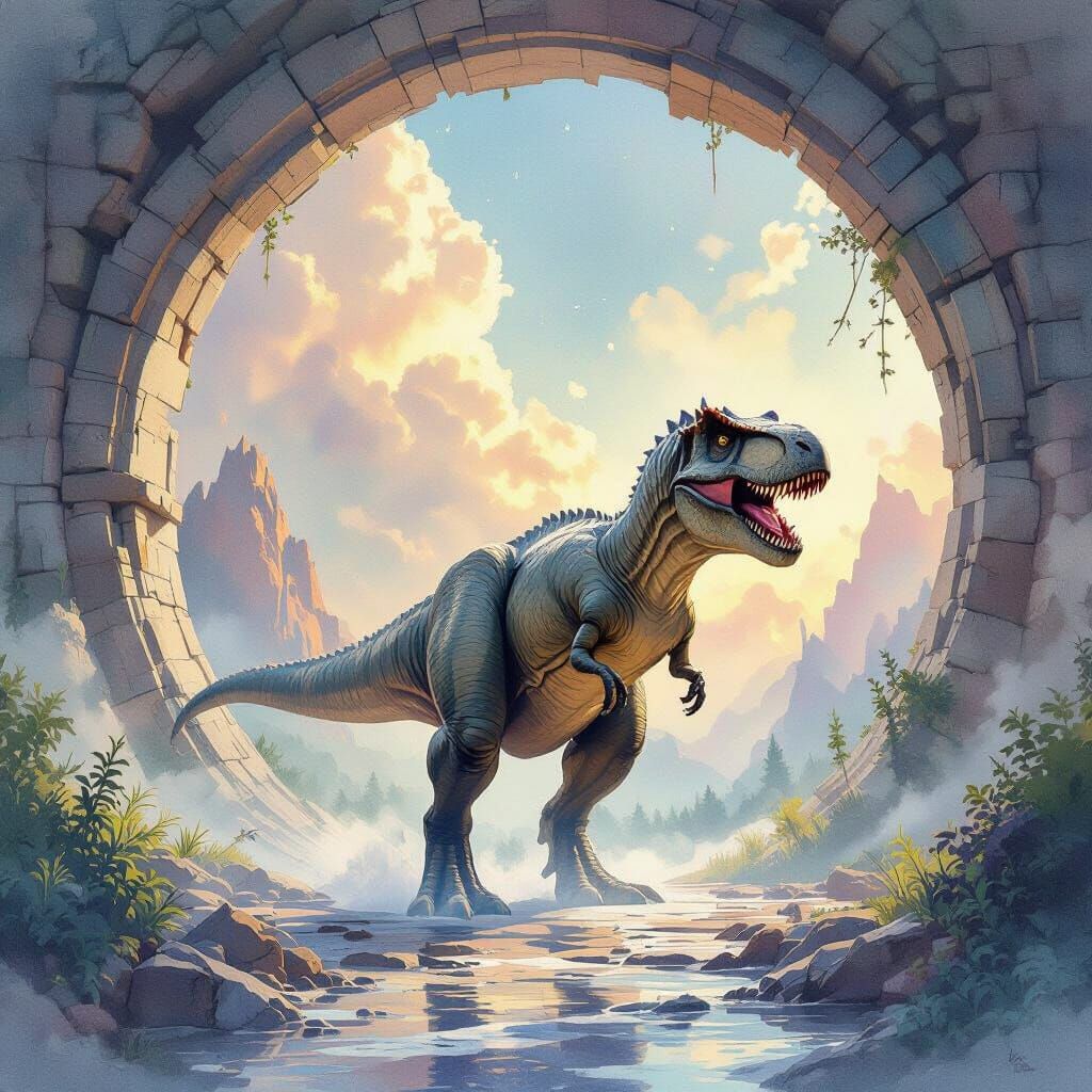 Tyrannosaurus Rex in Watercolor Dreamscape