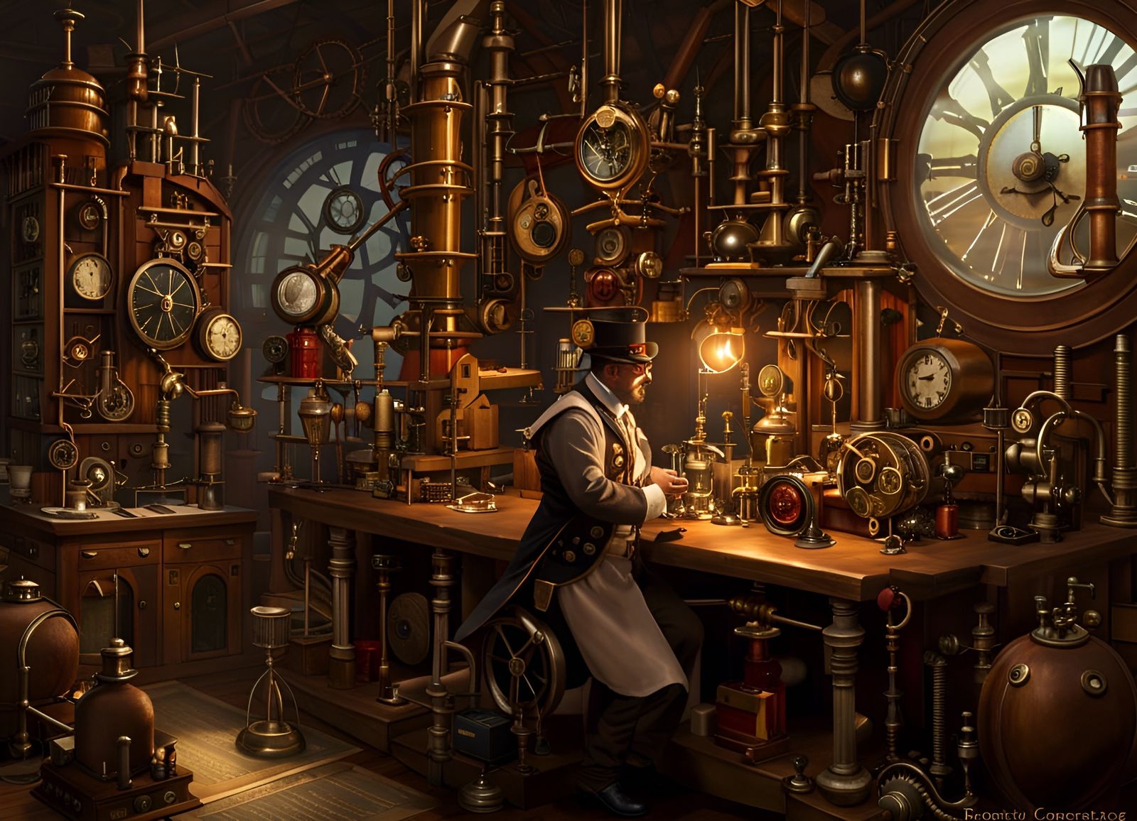 Steampunk Laboratory with Scientist and Contraptions