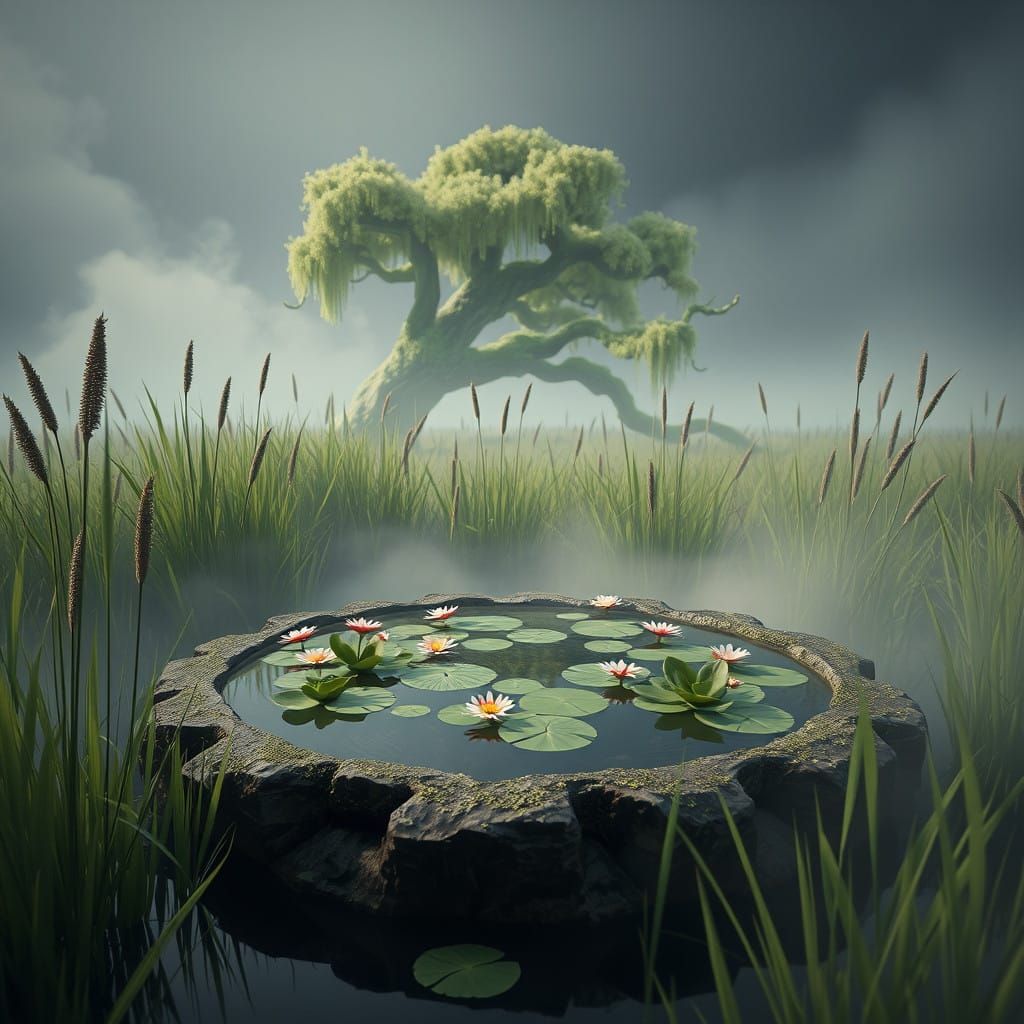 Dreamy Japanese Pond Scene in Vibrant, Fantastical Style