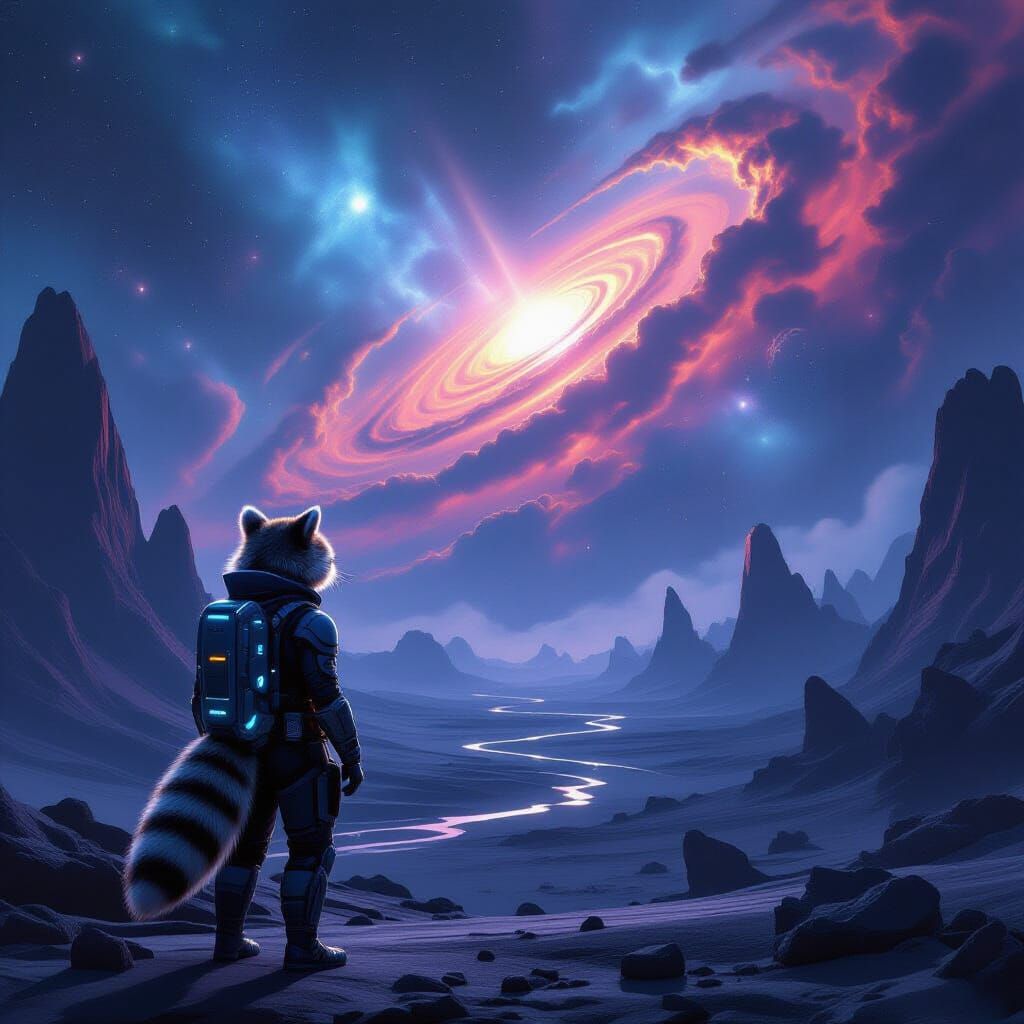 Raccoon Explorer on Alien Planet Gazing at Nebula