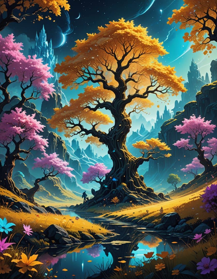 Ethereal Tree in Vibrant, Dreamlike Meadow