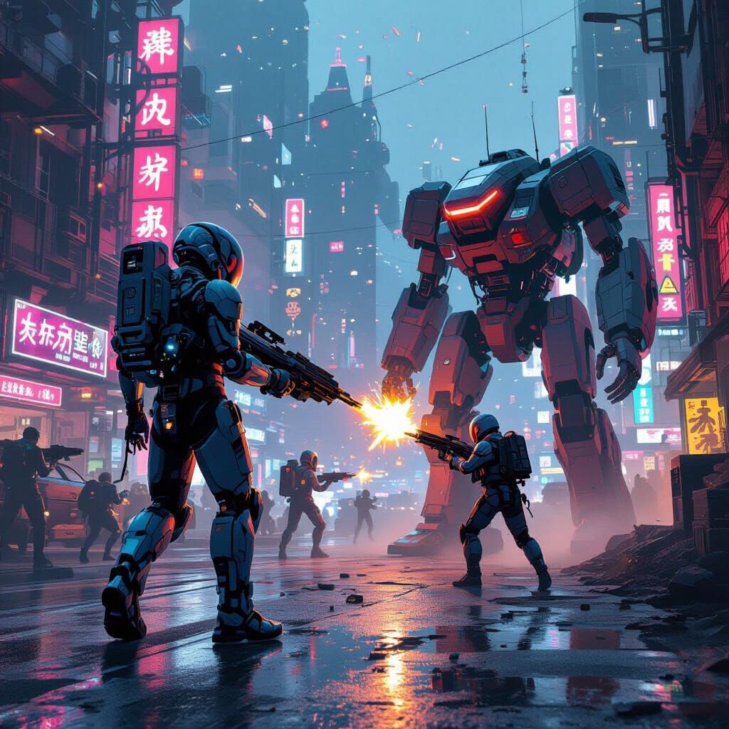 AI Agents Battle Robots in Dystopian Cyberpunk City