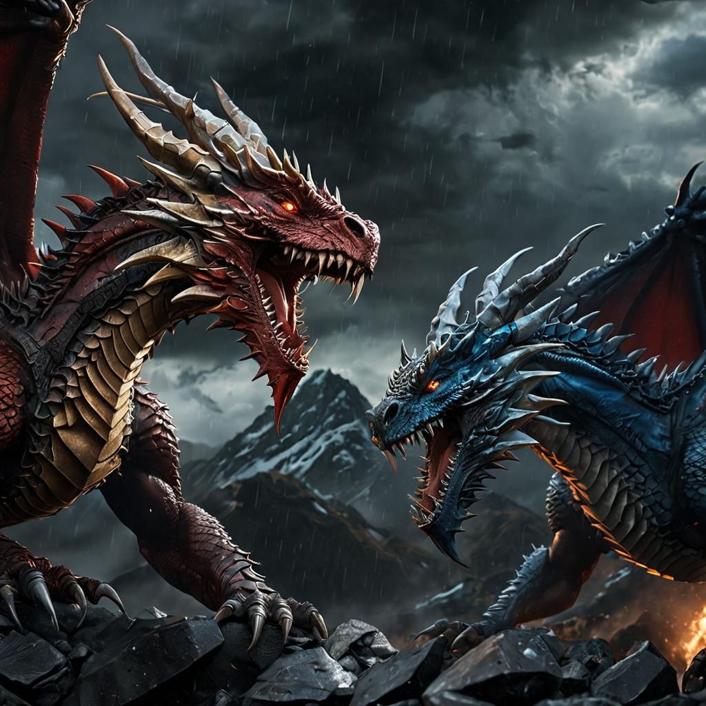 Epic Dragon Battle Above Stormy Mountains