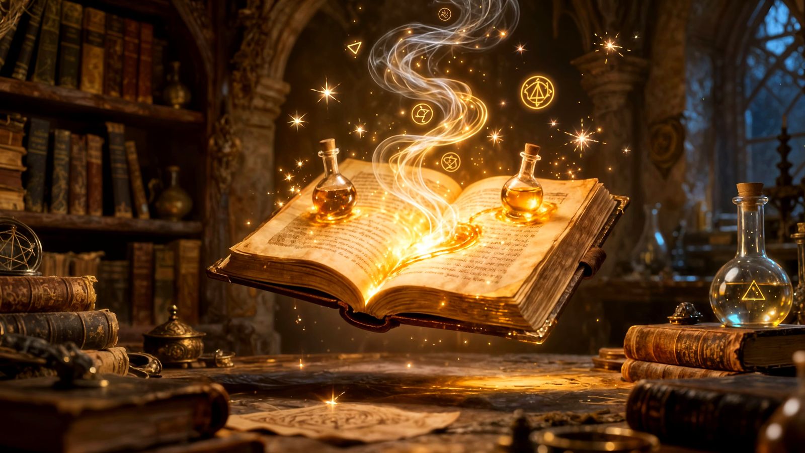 Magical Alchemy Book with Glowing Potions in Ancient Study