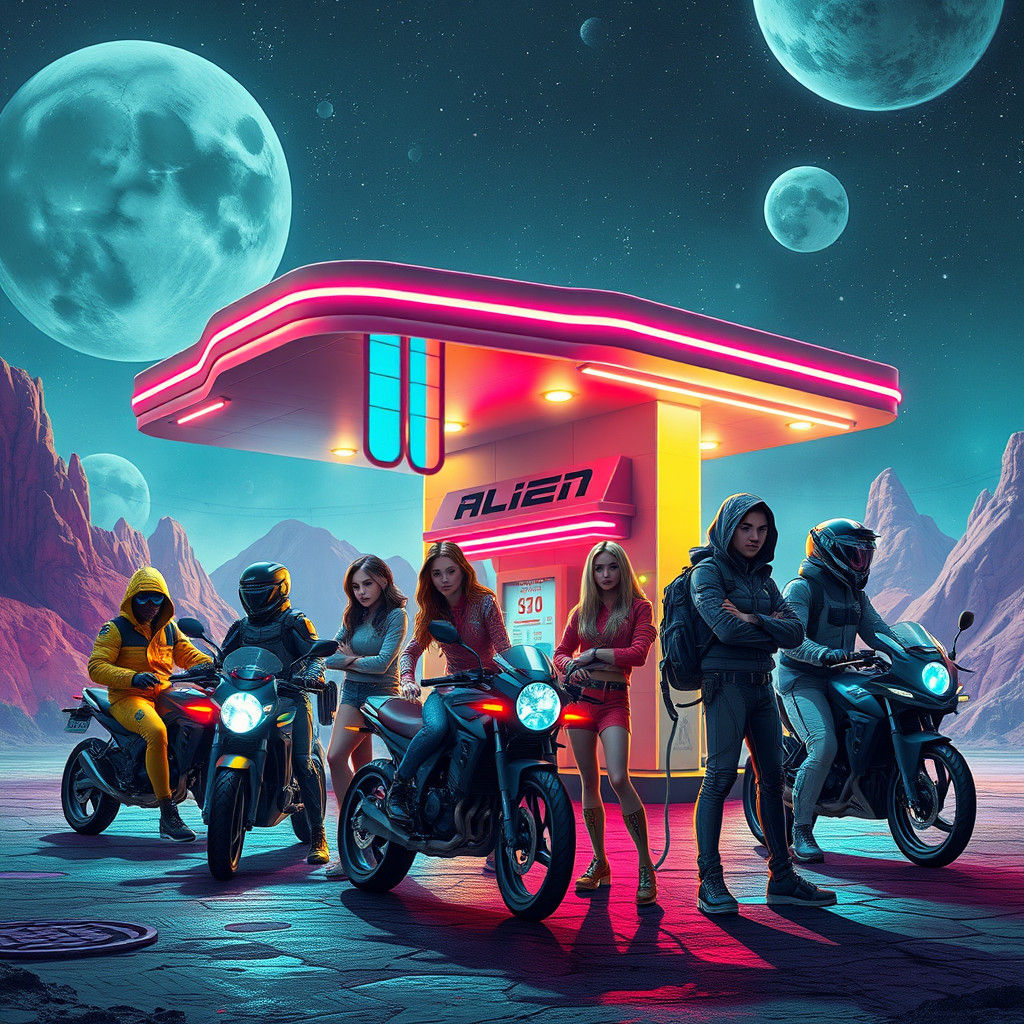 Diverse Teens Fueling Sci-Fi Vehicles at Alien Gas Station