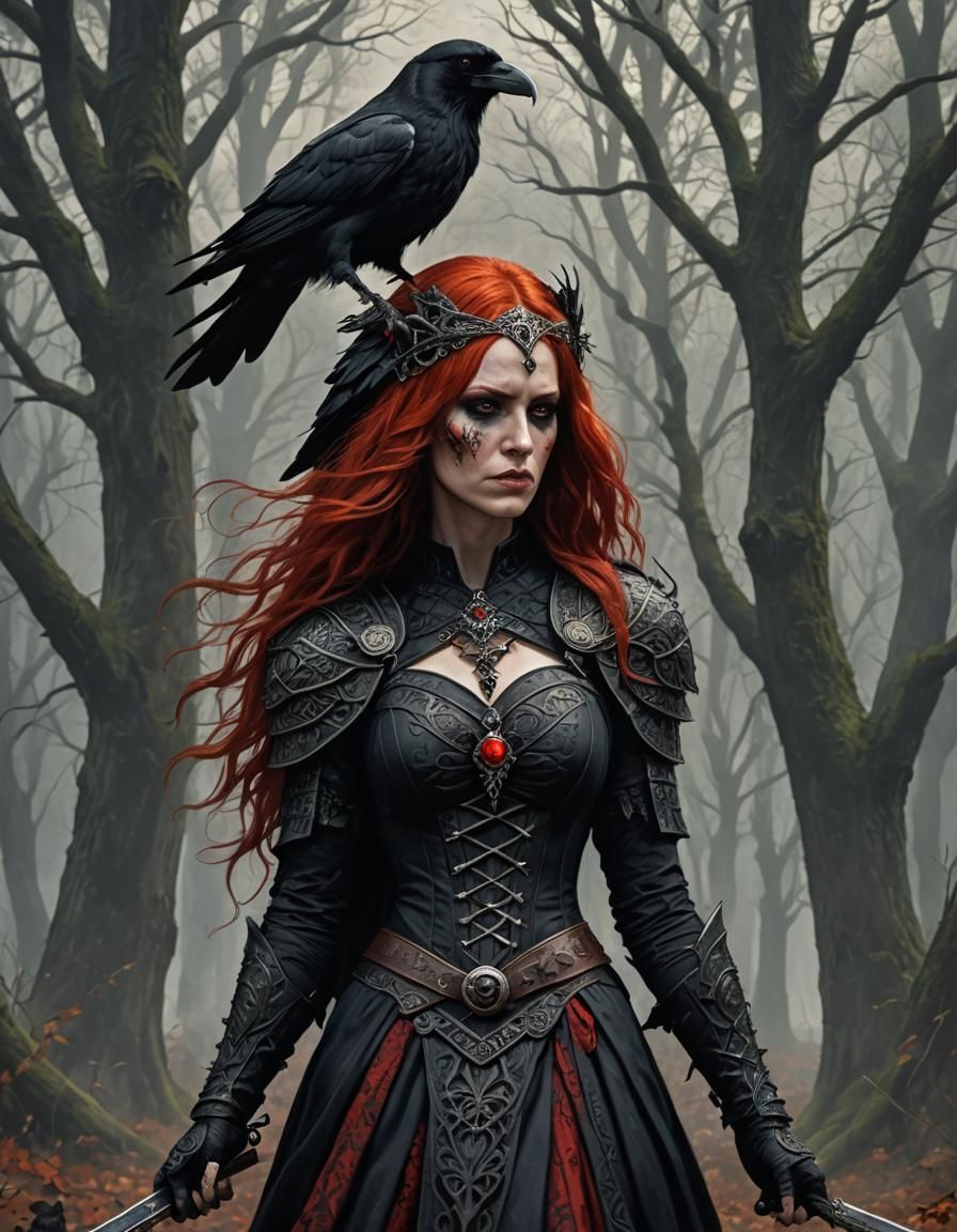 Gothic Celtic Warrior Woman with Raven, in Dark Fantasy Art