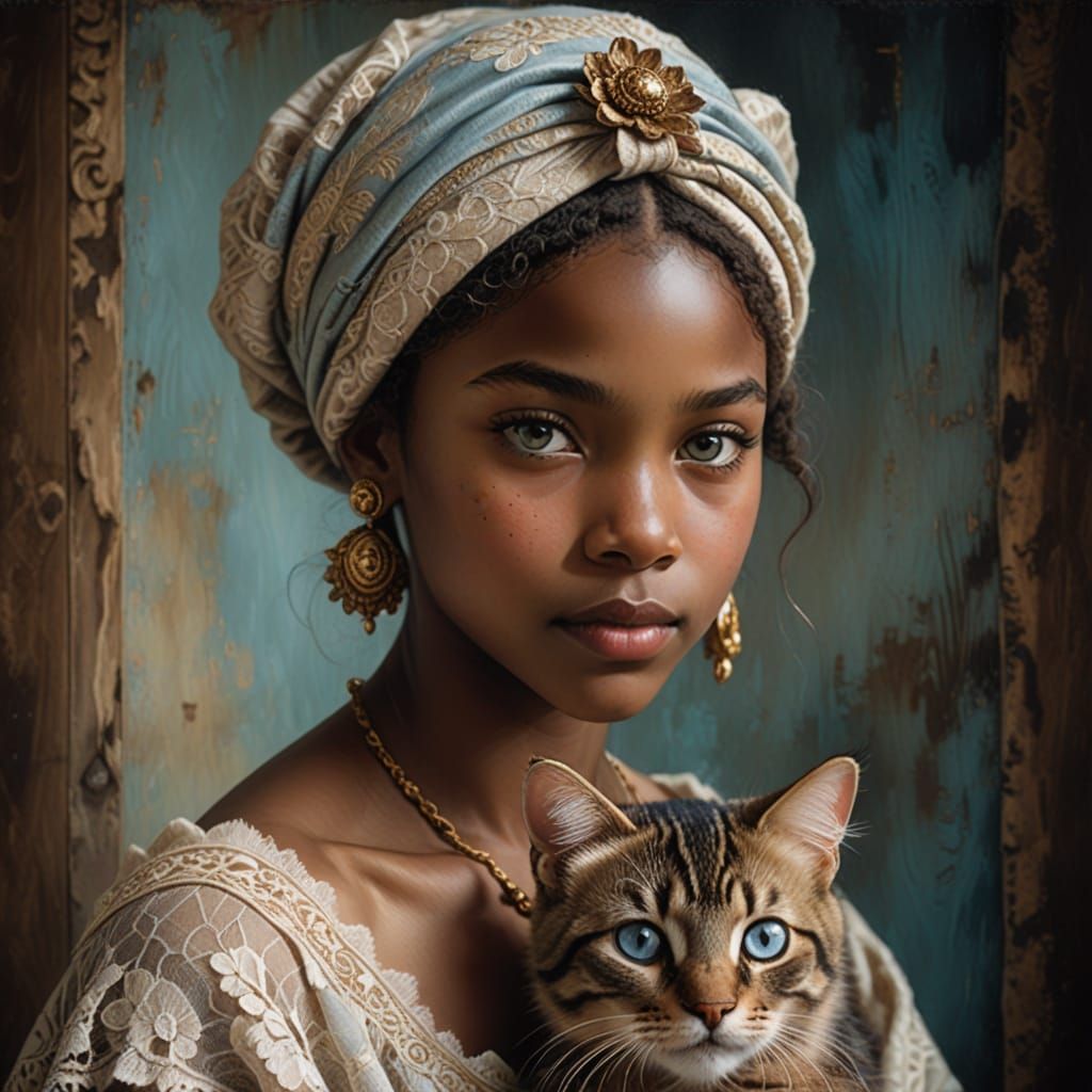 Tender Portrait of Girl with Blue Eyes and Tabby Cat