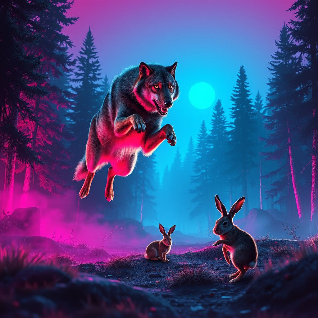 Wolf Hunting Rabbit in Neon Synthwave Forest