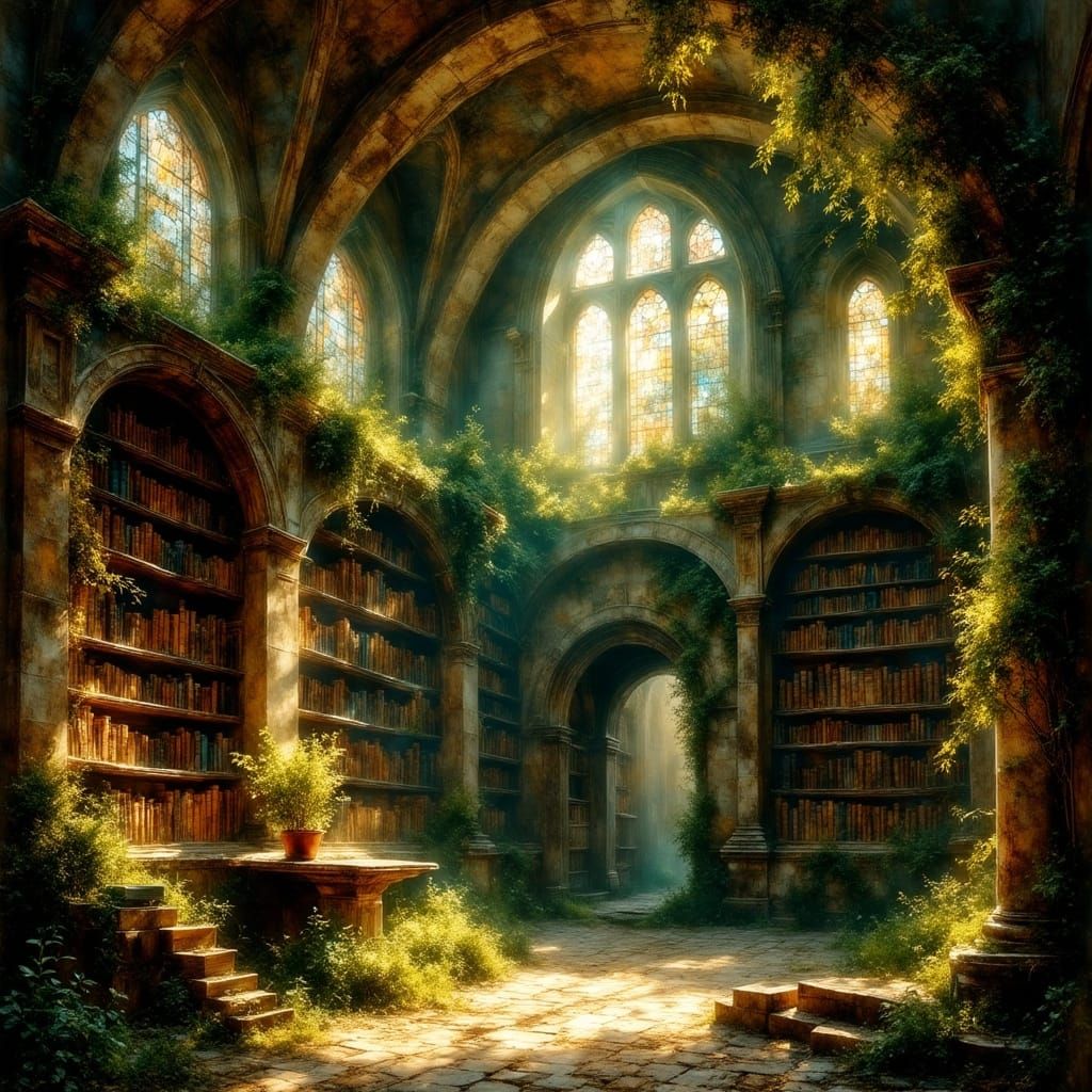 Abandoned Library Reclaimed by Nature in Ethereal Sunlight