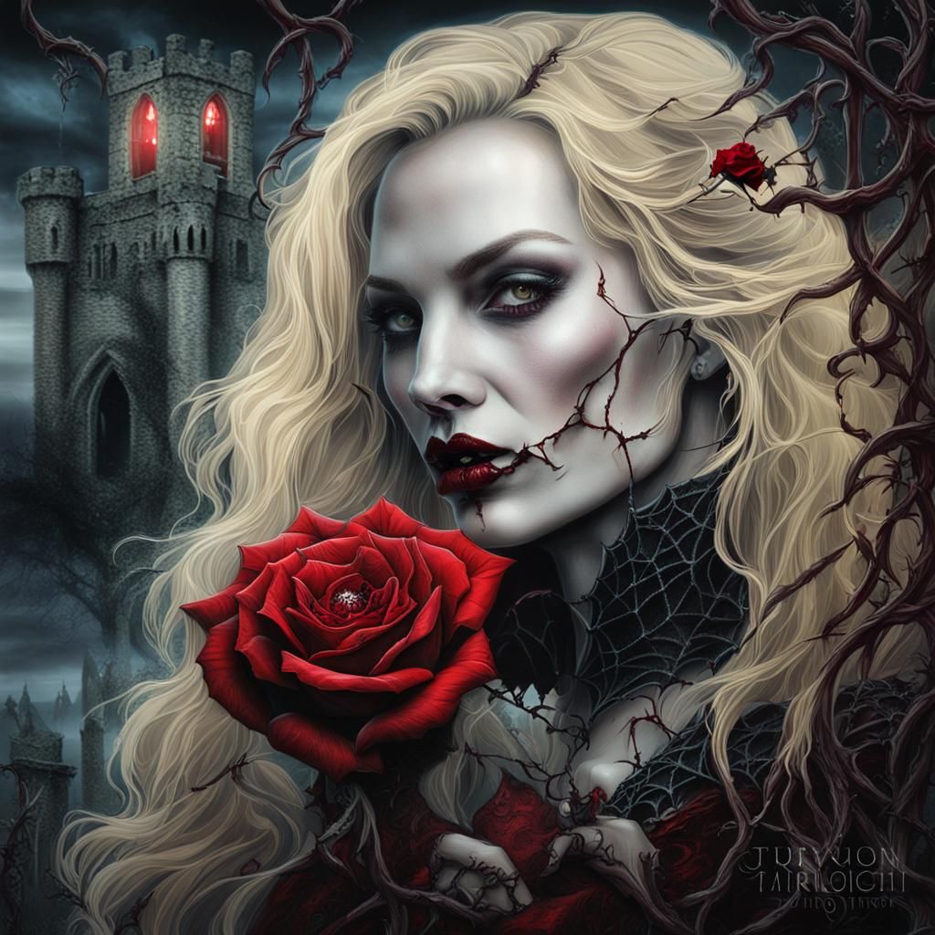 Blonde Vampire Biting Rose in Gothic Castle