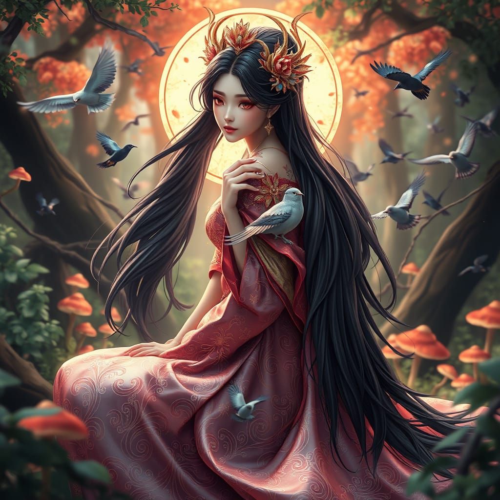 Majestic Goddess of Birds in Vibrant Forest