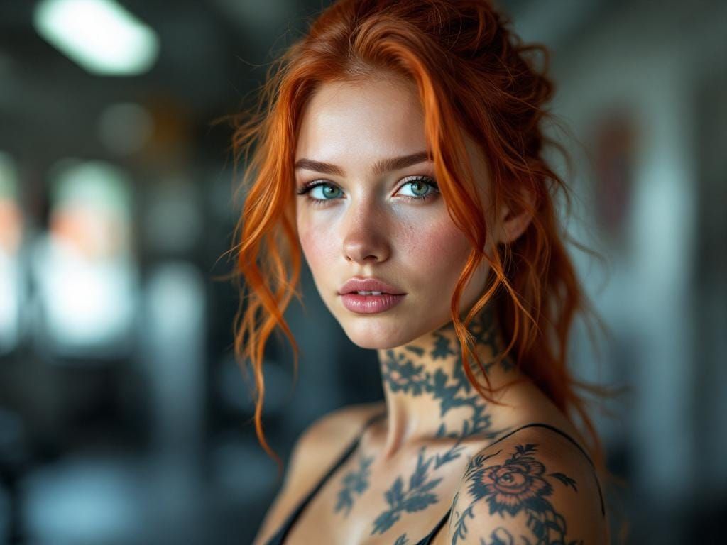 Red-Haired Girl Portrait with Tattoo in Gym