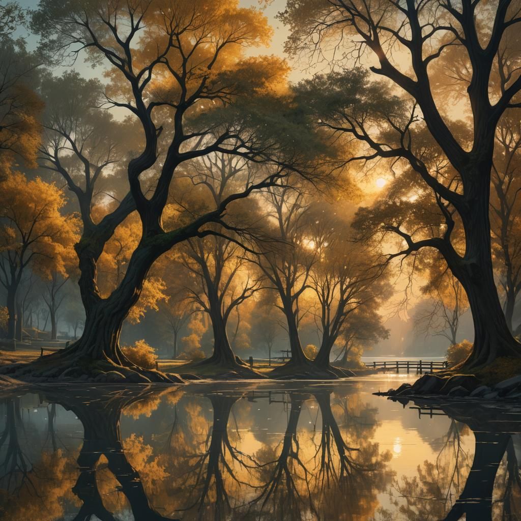 Sunset at Quiet Riverside Park: Detailed Matte Painting