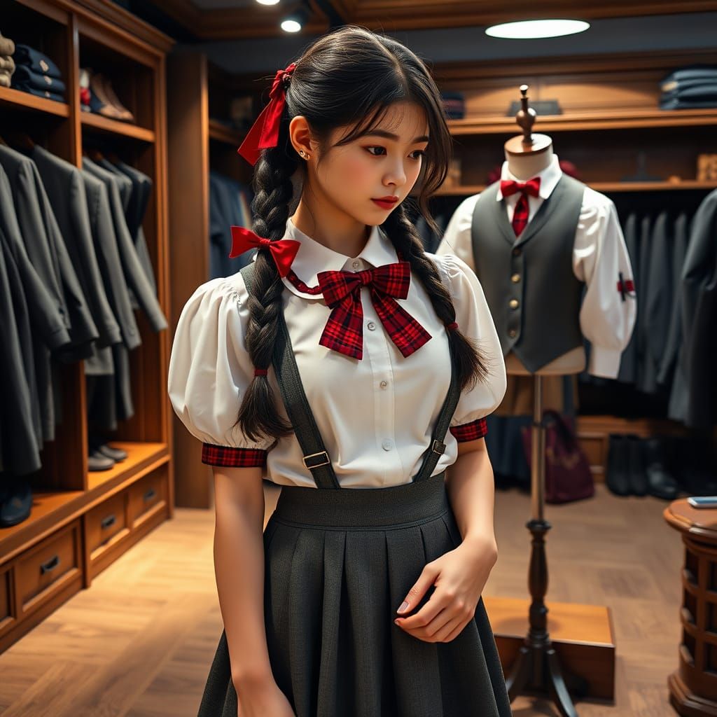 Lena in a Classic Men's School Uniform Shop, Inspired by Art...