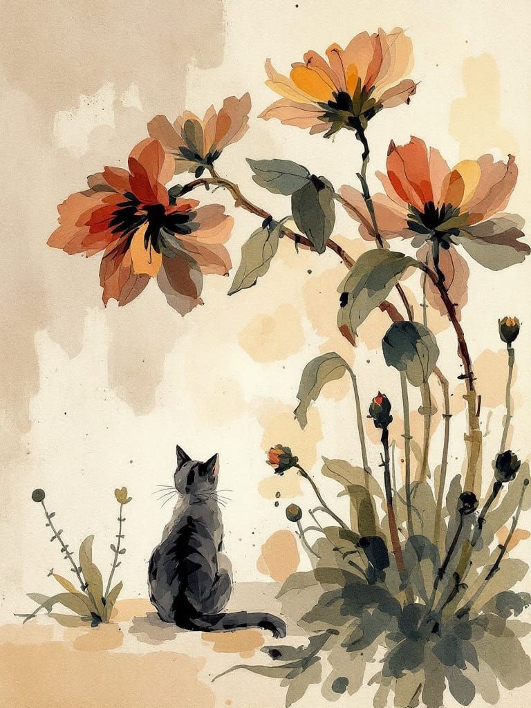 Cat Studying Light Amidst Flowers in Pissarro-Cézanne Sumi-e...