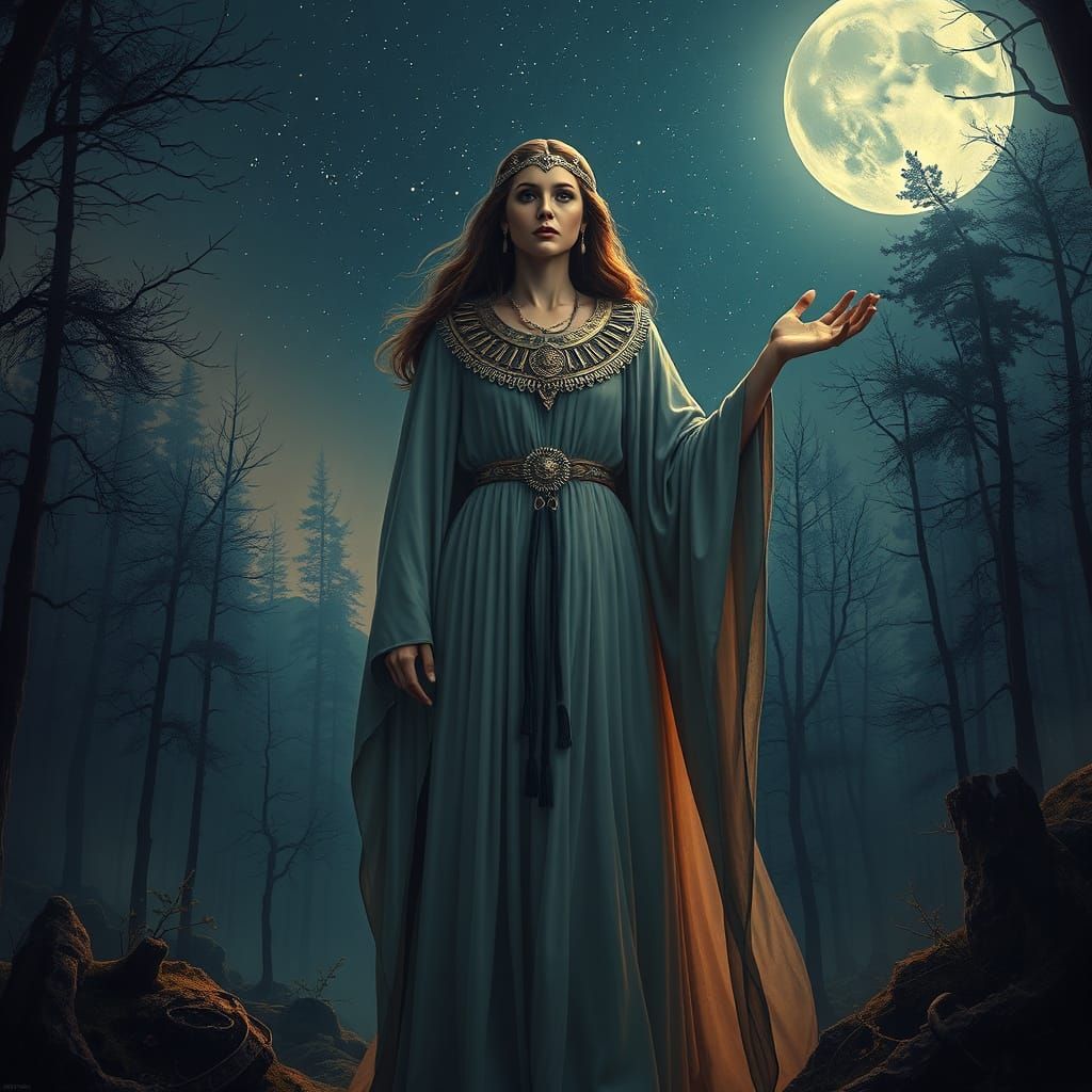 Mystical Priestess Invoking Gods in Moonlit Forest