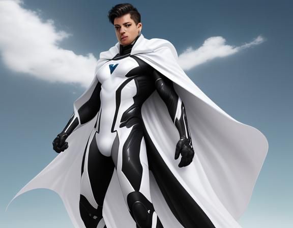 Futuristic Superhero Hovering in the Sky