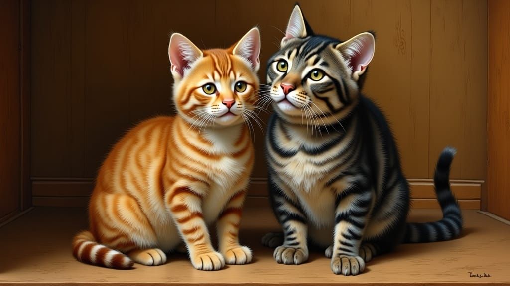 Tabby Cat and Grey Feline Friends in Warm, Golden Light