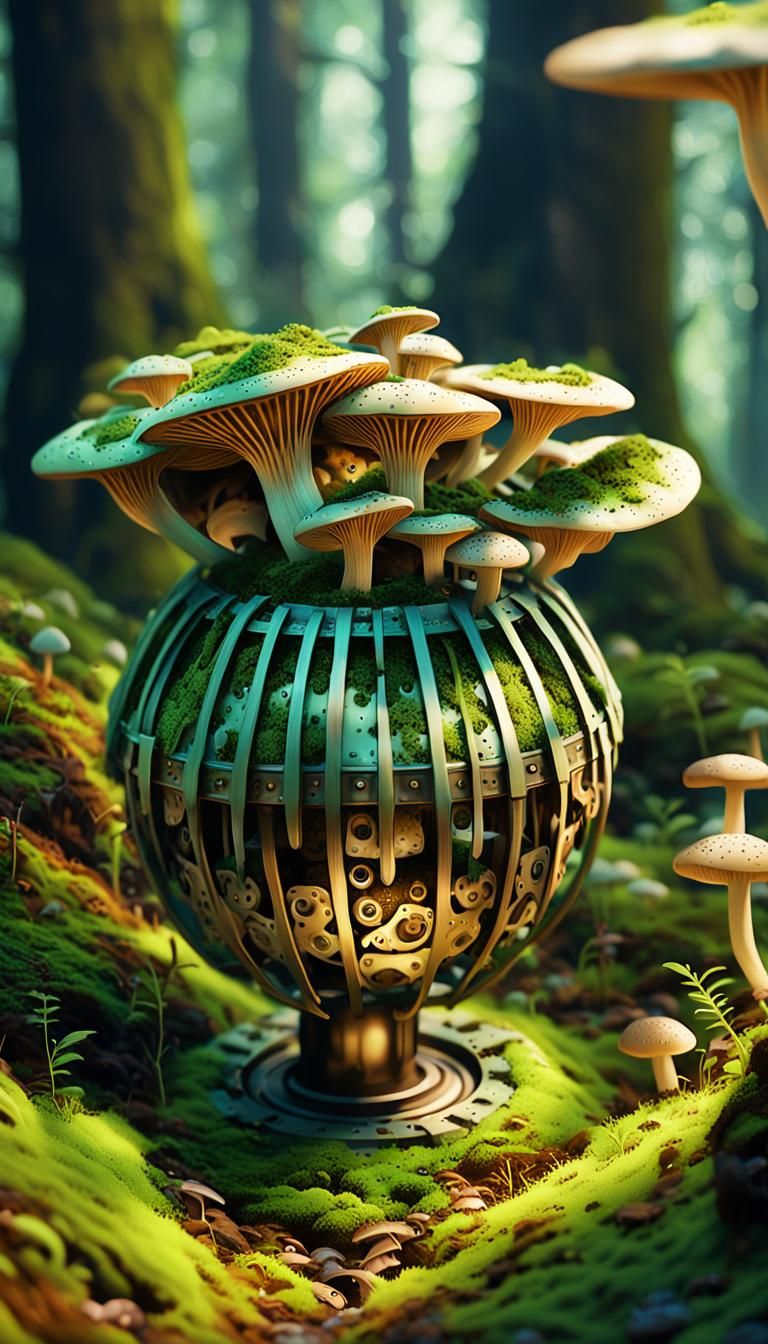 Clockwork Device in Mushroom Forest: Digital Concept Art