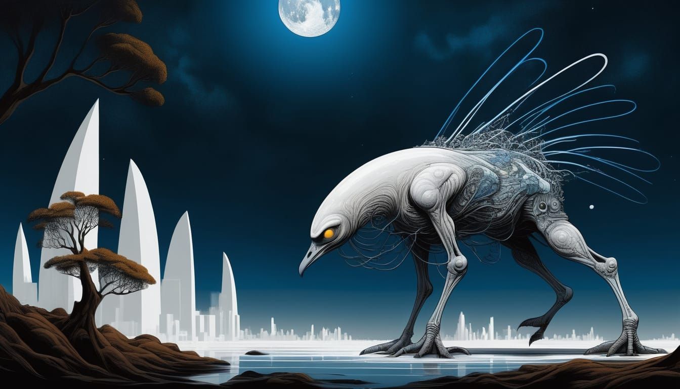 Mysterious Creature in Gloomy Alien City Painting