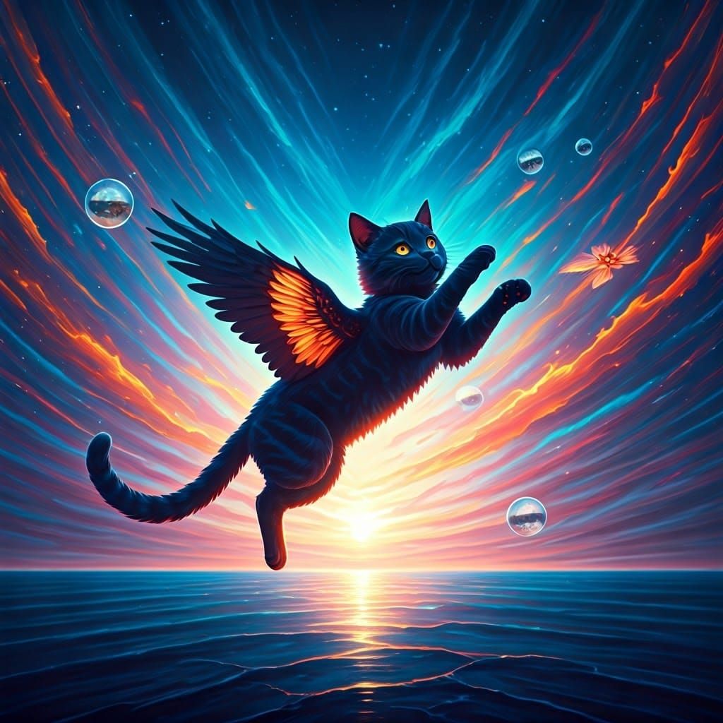 Fluorescent Feline Flight Over Iridescent Ocean