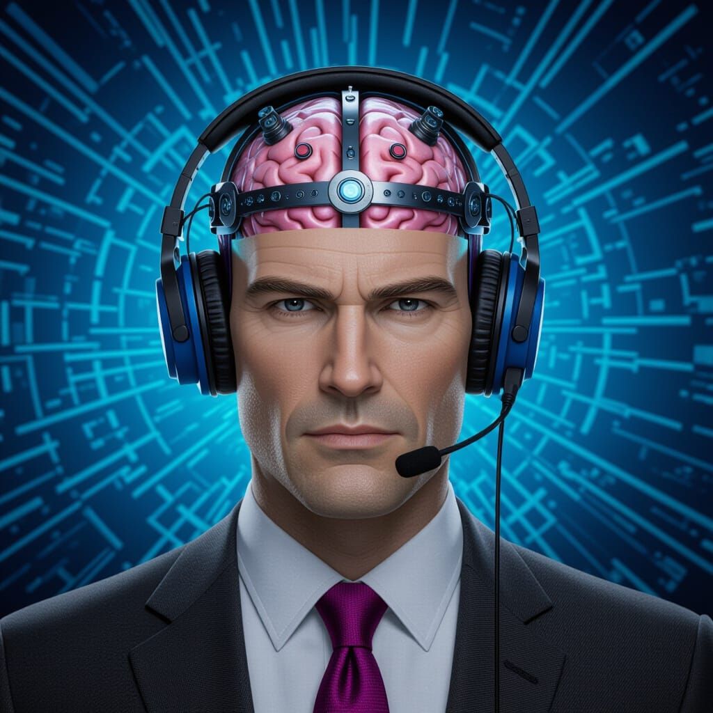 Man with BCI and Headphones in Sci-Fi Setting