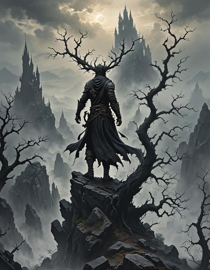 Dark Hero's Ethereal Scream in Gothic Landscape