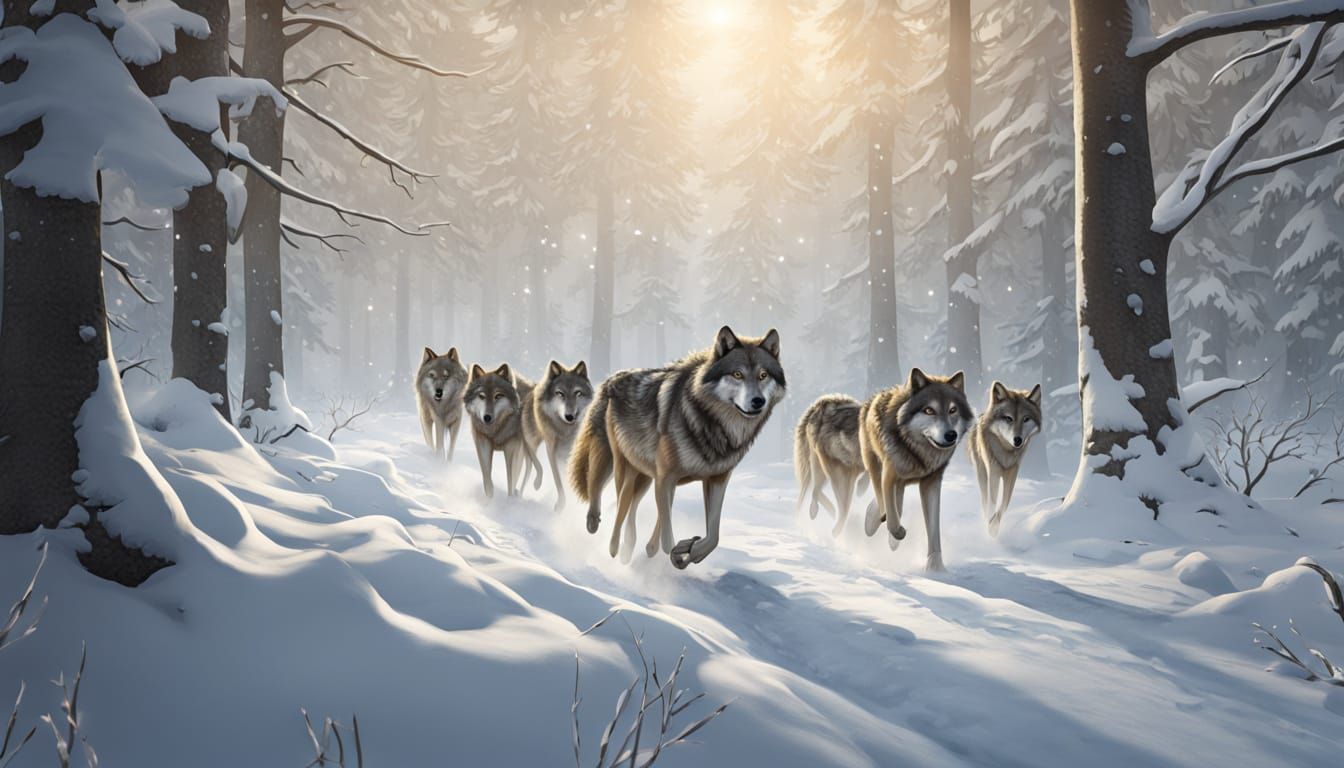 Wolves Run Through Snowy Forest: Digital Wildlife Art