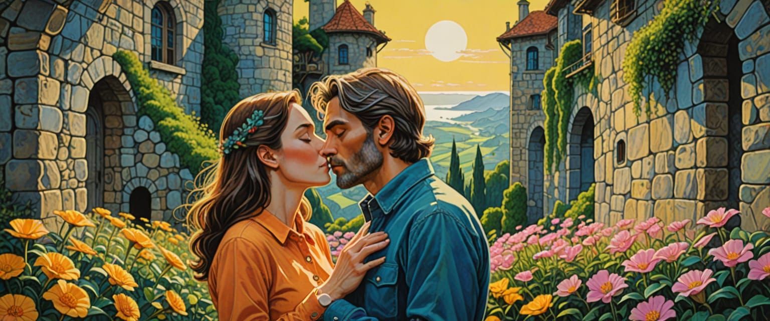 Romantic Kiss in Stone Walls, Comic Book Art Style