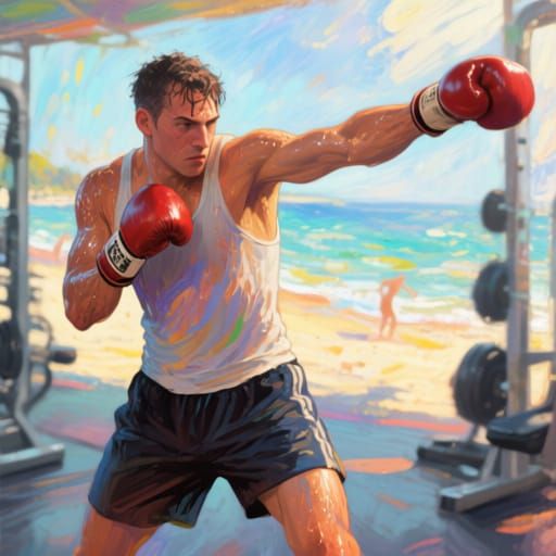 Boxer Training in Gym, Impressionist Style