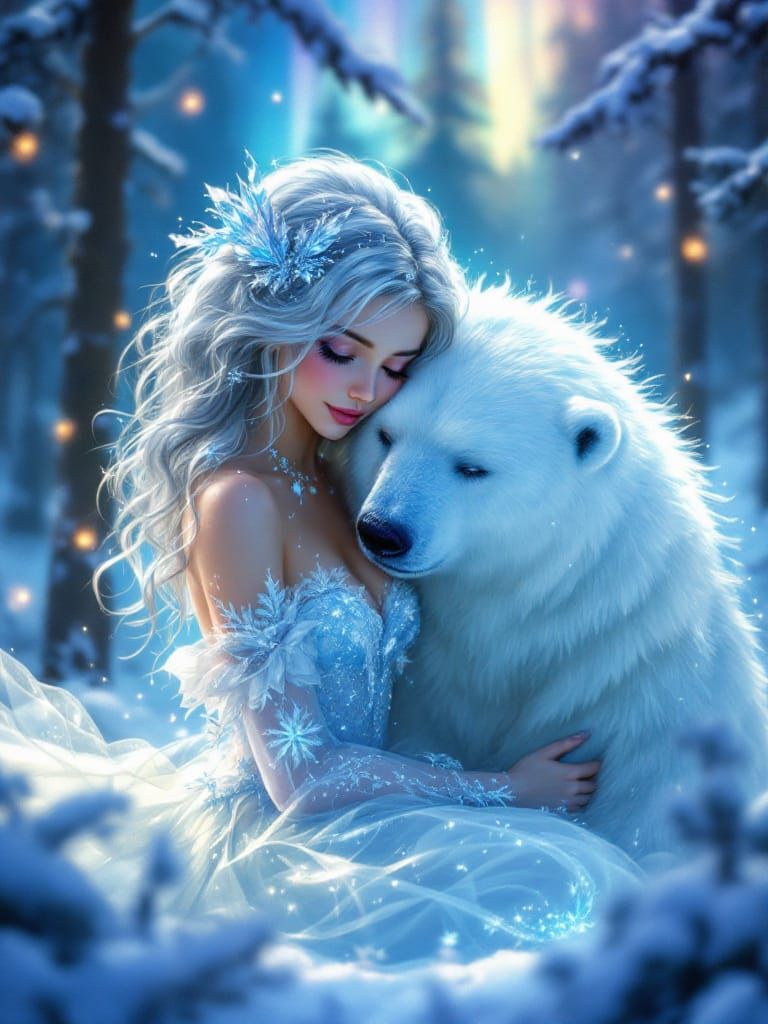 Ice Fairy Princess Hugs Polar Bear in Aurora Forest